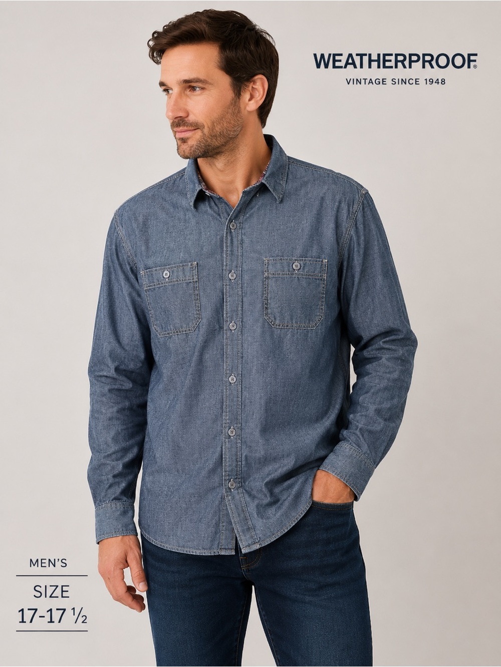 WEATHERPROOF long sleeve jean men shirt/size 17-17 1/2